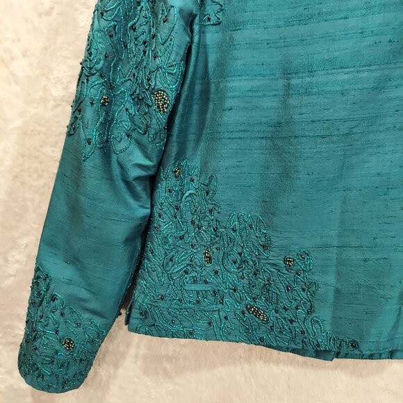 VTG Spiegel Womens S Turquoise Silk Jacket Beads Metallic Stitching Formal Party - Picture 12 of 16